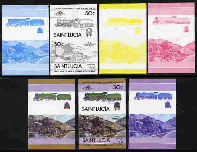 St Lucia 1983 Locomotives #1 (Leaders of the World) 50c Class B17/4 Leeds United se-tenant pair - the set of 7 imperf progressive proofs comprising the 4 individual colours plus 2, 3 and all 4-colour composite, unmounted mint as SG 657a, stamps on railways