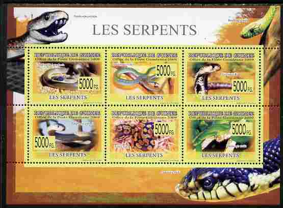 Guinea - Conakry 2009 Fauna - Snakes perf sheetlet containing 6 values unmounted mint , stamps on animals, stamps on reptiles, stamps on snakes
