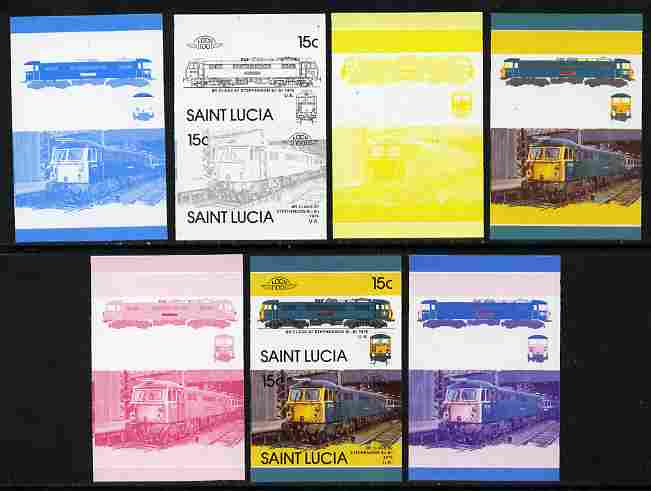 St Lucia 1986 Locomotives #5 (Leaders of the World) 15c Stephenson Electric Loco se-tenant pair - the set of 7 imperf progressive proofs comprising the 4 individual colou..., stamps on railways