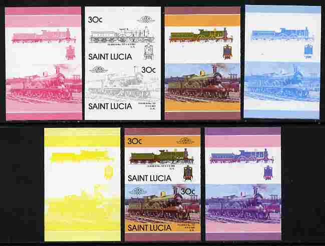 St Lucia 1986 Locomotives #5 (Leaders of the World) 30c Class D 4-4-0 No.737 se-tenant pair - the set of 7 imperf progressive proofs comprising the 4 individual colours p..., stamps on railways