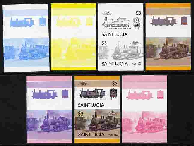 St Lucia 1986 Locomotives #5 (Leaders of the World) $3 2-4-2T JNR No.860 se-tenant pair - the set of 7 imperf progressive proofs comprising the 4 individual colours plus 2, 3 and all 4-colour composite, unmounted mint as SG 872a, stamps on railways