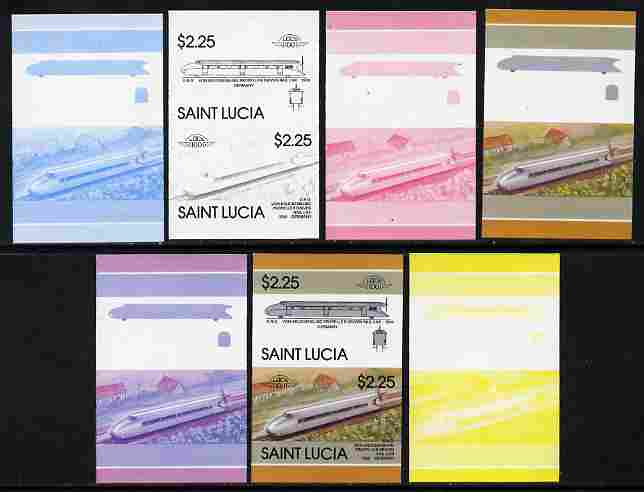 St Lucia 1986 Locomotives #5 (Leaders of the World) $2.25 Von Kruckenburg Rail Car  se-tenant pair - the set of 7 imperf progressive proofs comprising the 4 individual co..., stamps on railways