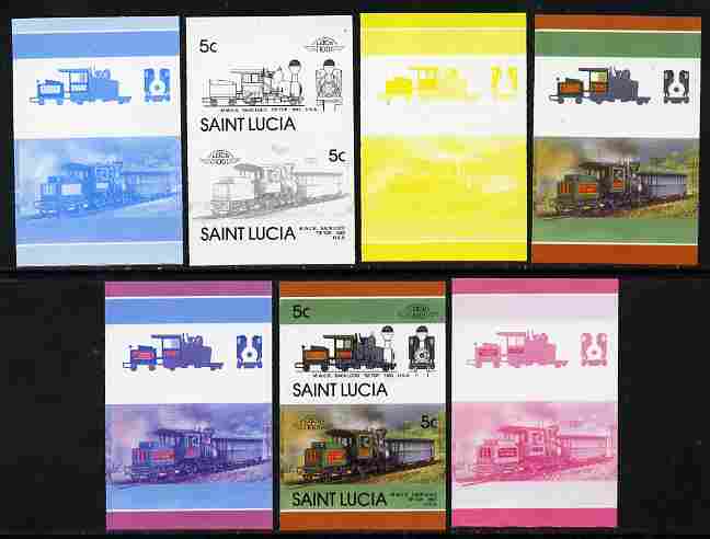 St Lucia 1986 Locomotives #5 (Leaders of the World) 5c Rack Loco Tip-Top se-tenant pair - the set of 7 imperf progressive proofs comprising the 4 individual colours plus ..., stamps on railways