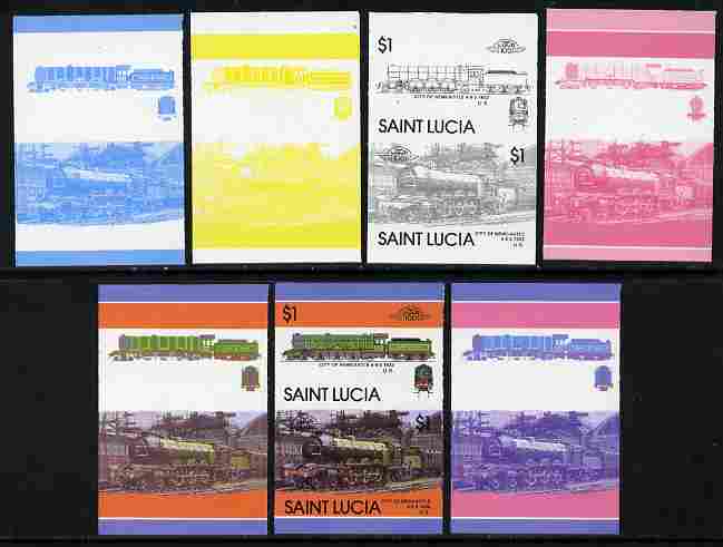 St Lucia 1986 Locomotives #5 (Leaders of the World) $1 4-6-2 City of Newcastle se-tenant pair - the set of 7 imperf progressive proofs comprising the 4 individual colours..., stamps on railways