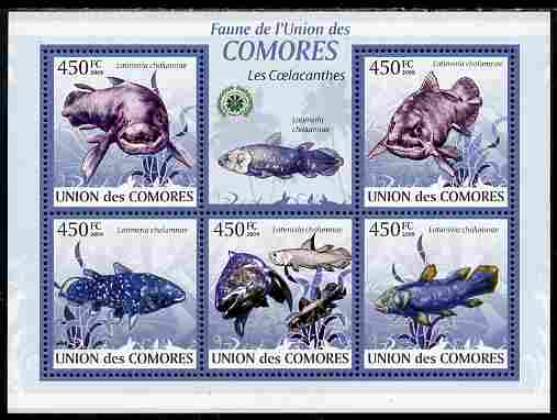 Comoro Islands 2009 Coelcanth Fish perf sheetlet containing 5 values unmounted mint Yv 1671-75, Mi 2334-38, stamps on fish, stamps on dinosaurs