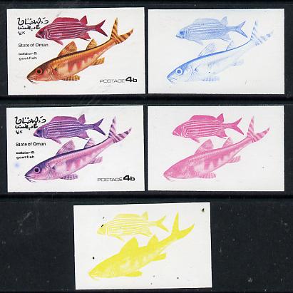 Oman 1974 Tropical Fish 4b (Soldier & Goatfish) set of 5 imperf progressive colour proofs comprising 3 individual colours (red, blue & yellow) plus 3 and all 4-colour com..., stamps on fish     marine-life
