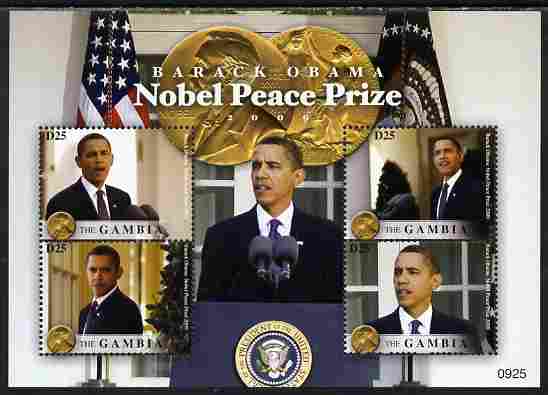 Gambia 2009 Barack Obama Wins Nobel Peace Prize perf sheetlet containing 4 values unmounted mint, stamps on personalities, stamps on nobel, stamps on peace, stamps on usa presidents, stamps on american, stamps on masonics, stamps on masonry, stamps on obama
