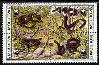 Moldova 1993 WWF - Snakes perf se-tenant block of 4 x 3r unmounted mint SG 57-60, stamps on animals, stamps on reptiles, stamps on  wwf , stamps on snakes