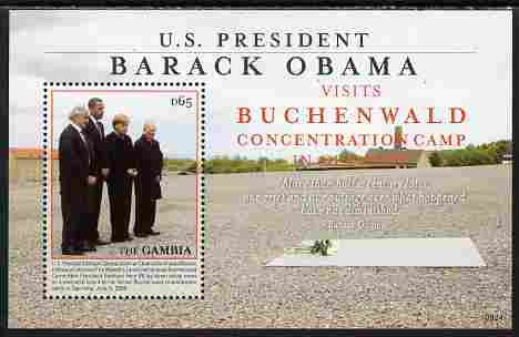 Gambia 2009 Barack Obama visits Germany perf s/sheet (Buchenwald Concentration Camp) unmounted mint, stamps on personalities, stamps on nobel, stamps on peace, stamps on usa presidents, stamps on american, stamps on masonics, stamps on masonry, stamps on obama, stamps on  ww2 , stamps on holocaust