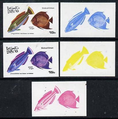 Oman 1974 Tropical Fish 15b (Wrasse & Black Angel) set of 5 imperf progressive colour proofs comprising 3 individual colours (red, blue & yellow) plus 3 and all 4-colour ..., stamps on fish     marine-life