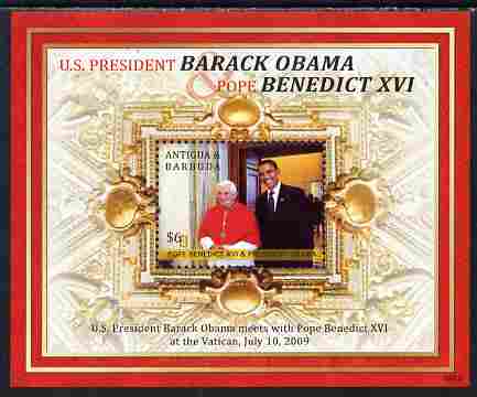 Antigua 2009 Barack Obama meets Pope Benedict perf s/sheet unmounted mint, stamps on , stamps on  stamps on personalities, stamps on  stamps on nobel, stamps on  stamps on peace, stamps on  stamps on usa presidents, stamps on  stamps on american, stamps on  stamps on masonics, stamps on  stamps on masonry, stamps on  stamps on obama, stamps on  stamps on pope, stamps on  stamps on popes