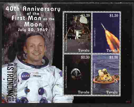 Tuvalu 2009 40th Anniversary of Moon Landing perf sheetlet containing 4 values unmounted mint, stamps on personalities, stamps on space, stamps on apollo, stamps on rockets