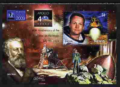 Nevis 2009 40th Anniversary of Moon Landing perf s/sheet unmounted mint, stamps on personalities, stamps on space, stamps on apollo, stamps on verne, stamps on literature