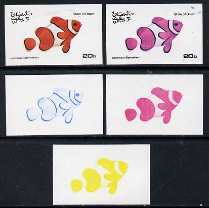 Oman 1974 Tropical Fish 20b (Clownfish) set of 5 imperf progressive colour proofs comprising 3 individual colours (red, blue & yellow) plus 3 and all 4-colour composites ..., stamps on fish     marine-life