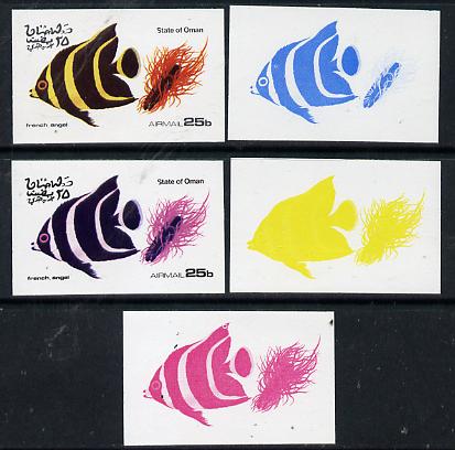 Oman 1974 Tropical Fish 25b (French Angel) set of 5 imperf progressive colour proofs comprising 3 individual colours (red, blue & yellow) plus 3 and all 4-colour composites unmounted mint, stamps on fish     marine-life