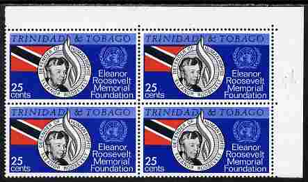 Trinidad & Tobago 1965 Eleanor Roosevelt Memorial Foundation 25c block of 4 incl R1/5 Wilted Leaf variety unmounted mint, SG 312, stamps on , stamps on  stamps on personalities, stamps on  stamps on women, stamps on  stamps on constitutions, stamps on  stamps on usa presidents, stamps on  stamps on americana, stamps on  stamps on 