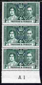 Trinidad & Tobago 1937 KG6 Coronatio 1c vert strip of 3 with Plate number A1 unmounted mint (plate numbers are surprisingly scarce on the Coronation issues), stamps on coronation, stamps on  kg6 , stamps on royalty