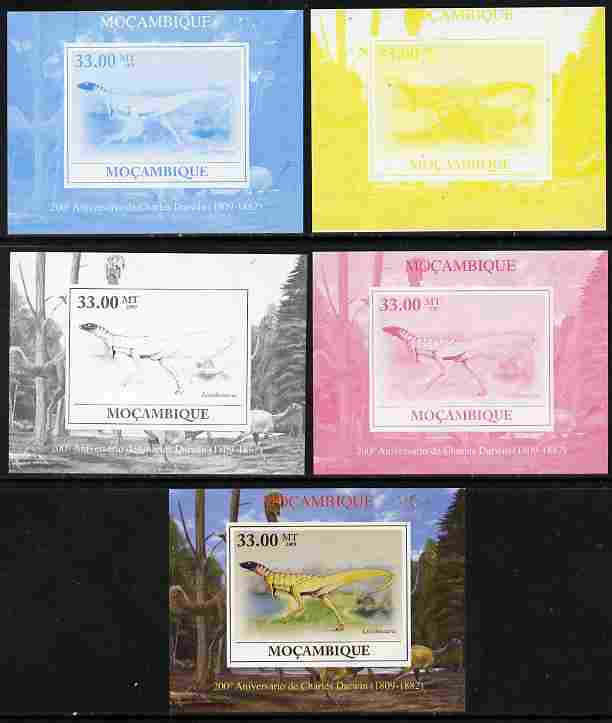 Mozambique 2009 200th Birth Anniversary of Charles Darwin #06 individual deluxe sheet - the set of 5 imperf progressive proofs comprising the 4 individual colours plus all 4-colour composite, unmounted mint, stamps on personalities, stamps on science, stamps on animals, stamps on birds, stamps on dinosaurs, stamps on darwin