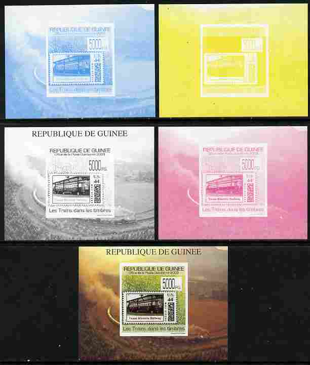 Guinea - Conakry 2009 Trains on Stamps #2 individual deluxe sheet - the set of 5 imperf progressive proofs comprising the 4 individual colours plus all 4-colour composite, unmounted mint, stamps on stamp on stamp, stamps on stamponstamp, stamps on railways