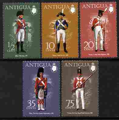 Antigua 1974 Military Uniforms (5th series) perf set of 5 unmounted mint, SG 380-84, stamps on , stamps on  stamps on militaria, stamps on  stamps on uniforms