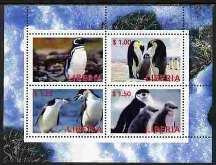 Liberia 2000 Penguins perf sheetlet containing 4 values unmounted mint, stamps on birds, stamps on penguins, stamps on polar