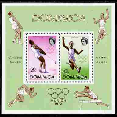 Dominica 1972 Munich Olympic Games perf m/sheet unmounted mint, SG MS 361, stamps on olympics, stamps on hammer, stamps on athletics, stamps on long jump, stamps on hurdles, stamps on 