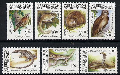 Uzbekistan 1993 Fauna set of 7 (Birds, Snake, Rodents etc) SG 7-13 unmounted mint, stamps on animals, stamps on birds, stamps on reptiles, stamps on snakes, stamps on osprey, stamps on snake, stamps on snakes, stamps on 