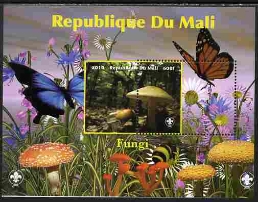 Mali 2010 Fungi #6 perf s/sheet with Butterflies & Scouts Logo with perforations misplaced 28 mm to the right, unmounted mint and outstanding, stamps on fungi, stamps on butterflies, stamps on scouts