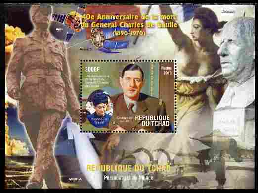 Chad 2010 40th Death Anniversary of Charles De Gaulle perf s/sheet unmounted mint. Note this item is privately produced and is offered purely on its thematic appeal, stamps on personalities, stamps on de gaulle, stamps on  ww1 , stamps on  ww2 , stamps on militaria, stamps on satellites