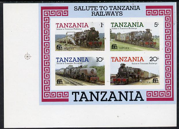 Tanzania 1985 Locomotives imperf proof essay for m/sheet similar in both design & colours of issued sheet but each stamp incorporates the Tanzanian Coat of Arms, the values are 1s, 5s, 10s & 20s and the sheet is inscribed 'Salute to Tanzanian Railways', on ungummed art paper, stamps on railways    heraldry, stamps on arms, stamps on big locos