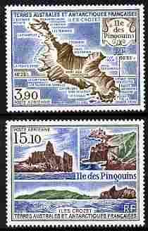 French Southern & Antarctic Territories 1988 Penguin Island set of 2 unmounted mint, SG 240-41, stamps on polar, stamps on penguins, stamps on tourism, stamps on maps