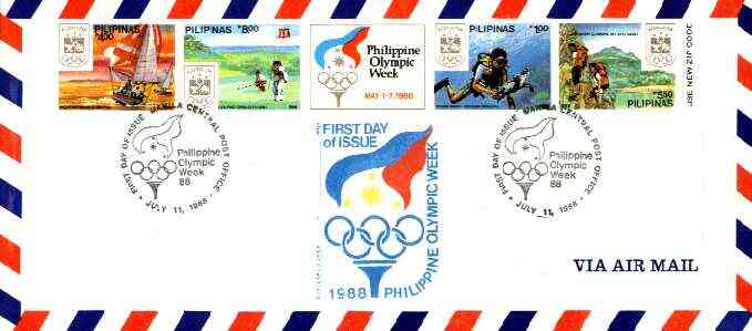 Philippines 1988 Seoul Olympic Games imperf se-tenant strip of 4 plus label on airmail cover used on first day with special cancel (SG 2091aB), stamps on olympics   sport   diving       yachting   mountain climbing    golf      sailing