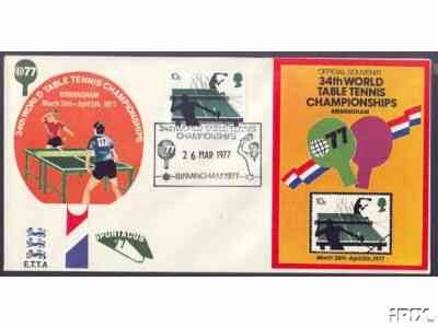 Great Britain 1977 Racket Sports 10p (Table-Tennis) on illustrated commem cover cancelled with special cancel for 34th World Table-Tennis Championships plus souvenir labe..., stamps on sport, stamps on table tennis, stamps on  cinderella