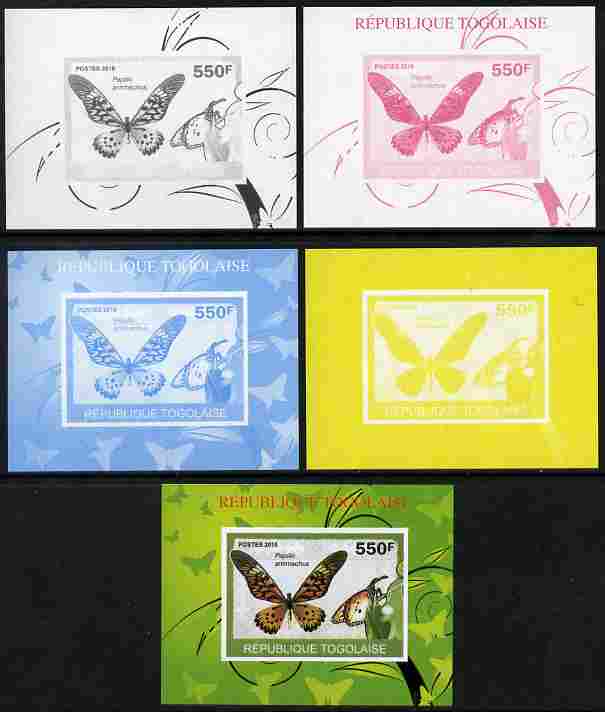 Togo 2010 Butterflies #4 individual deluxe sheet - the set of 5 imperf progressive proofs comprising the 4 individual colours plus all 4-colour composite, unmounted mint, stamps on butterflies