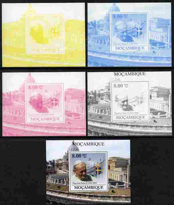 Mozambique 2009 Pope John Paul II #1 individual deluxe sheet - the set of 5 imperf progressive proofs comprising the 4 individual colours plus all 4-colour composite, unmounted mint, stamps on personalities, stamps on pope, stamps on religion, stamps on popes
