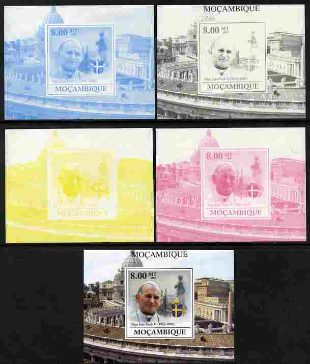 Mozambique 2009 Pope John Paul II #3 individual deluxe sheet - the set of 5 imperf progressive proofs comprising the 4 individual colours plus all 4-colour composite, unmounted mint, stamps on personalities, stamps on pope, stamps on religion, stamps on popes