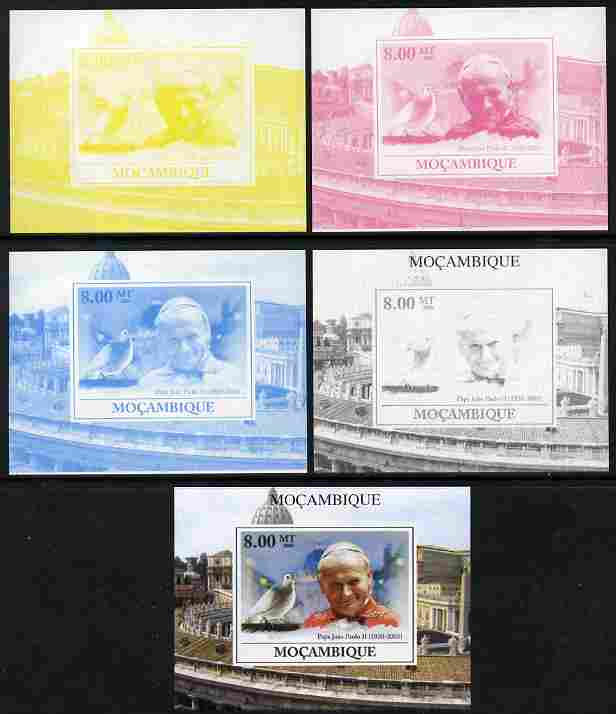 Mozambique 2009 Pope John Paul II #4 individual deluxe sheet - the set of 5 imperf progressive proofs comprising the 4 individual colours plus all 4-colour composite, unmounted mint, stamps on personalities, stamps on pope, stamps on religion, stamps on popes
