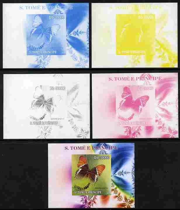 St Thomas & Prince Islands 2009 Butterflies & Catterpillars #1 individual deluxe sheet - the set of 5 imperf progressive proofs comprising the 4 individual colours plus all 4-colour composite, unmounted mint, stamps on butterflies