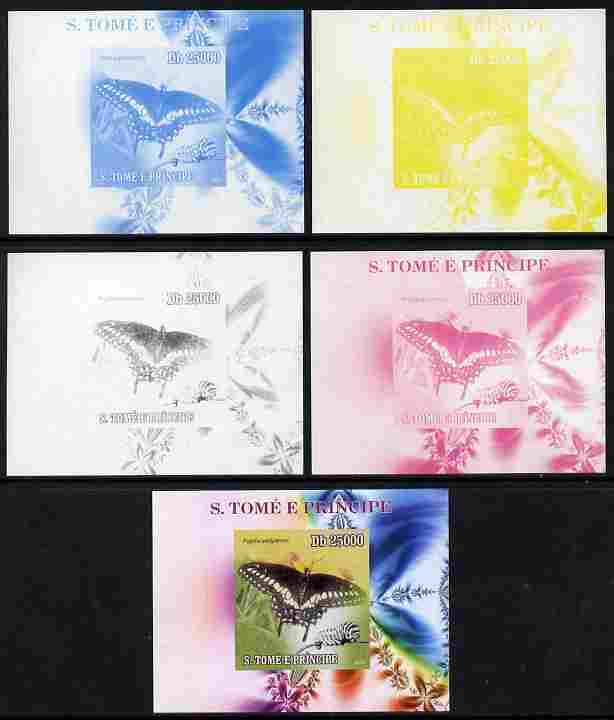 St Thomas & Prince Islands 2009 Butterflies & Catterpillars #2 individual deluxe sheet - the set of 5 imperf progressive proofs comprising the 4 individual colours plus all 4-colour composite, unmounted mint, stamps on butterflies