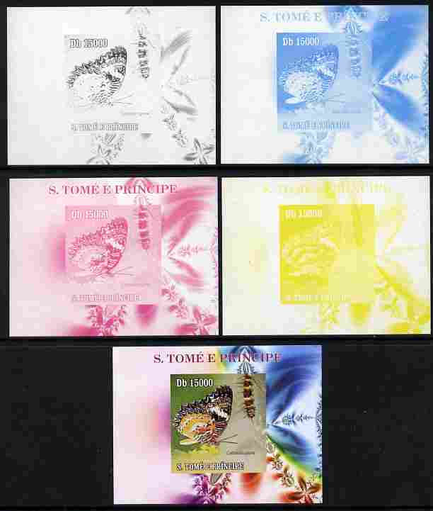 St Thomas & Prince Islands 2009 Butterflies & Catterpillars #3 individual deluxe sheet - the set of 5 imperf progressive proofs comprising the 4 individual colours plus all 4-colour composite, unmounted mint, stamps on butterflies