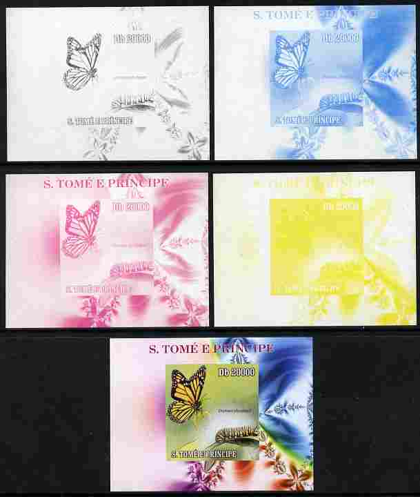 St Thomas & Prince Islands 2009 Butterflies & Catterpillars #4 individual deluxe sheet - the set of 5 imperf progressive proofs comprising the 4 individual colours plus all 4-colour composite, unmounted mint, stamps on butterflies