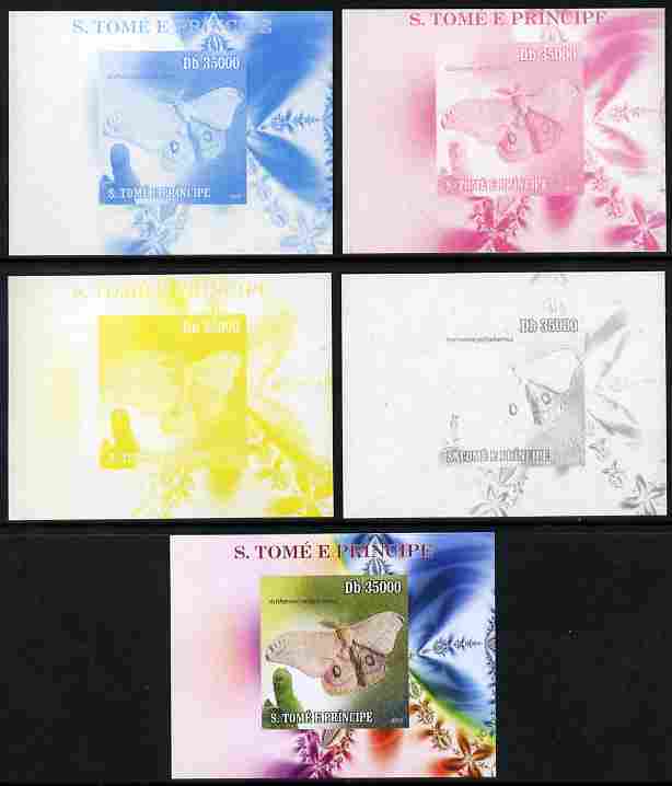 St Thomas & Prince Islands 2009 Butterflies & Catterpillars #5 individual deluxe sheet - the set of 5 imperf progressive proofs comprising the 4 individual colours plus all 4-colour composite, unmounted mint, stamps on butterflies