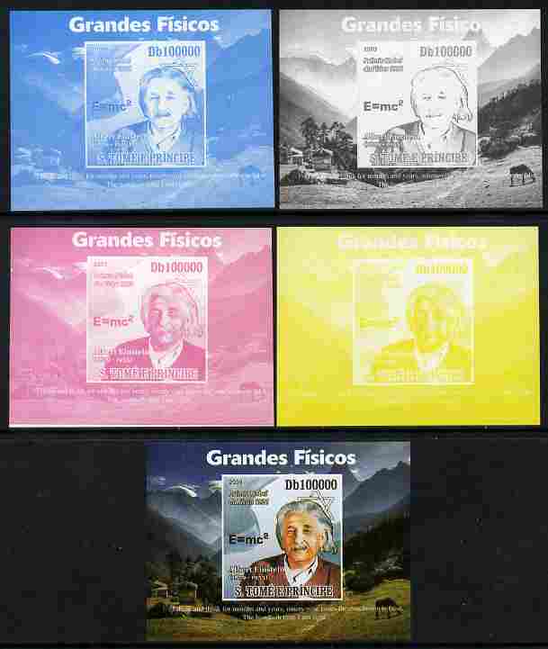 St Thomas & Prince Islands 2009 Albert Einstein #2 individual deluxe sheet - the set of 5 imperf progressive proofs comprising the 4 individual colours plus all 4-colour ..., stamps on personalities, stamps on einstein, stamps on science, stamps on physics, stamps on nobel, stamps on maths, stamps on space, stamps on judaica, stamps on atomics, stamps on mathematics, stamps on judaism