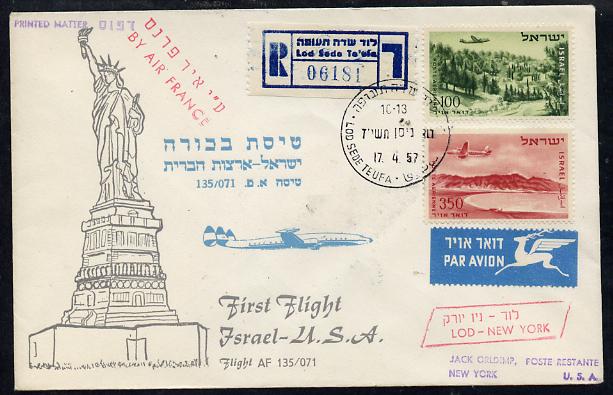 Israel 1957 Air France first flight reg cover to USA bearing Air stamps, various backstamps (illustrated with Statue of Liberty) Flight AF 135/071, stamps on aviation      statues    monuments     americana    civil engineering