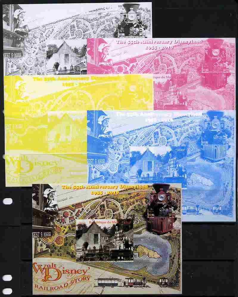 Mali 2010 The 55th Anniversary of Disneyland - Walt Disney's Railroad Story #01 s/sheet - the set of 5 imperf progressive proofs comprising the 4 individual colours plus all 4-colour composite, unmounted mint, stamps on disney, stamps on cartoons, stamps on films, stamps on cinema, stamps on movies, stamps on railways