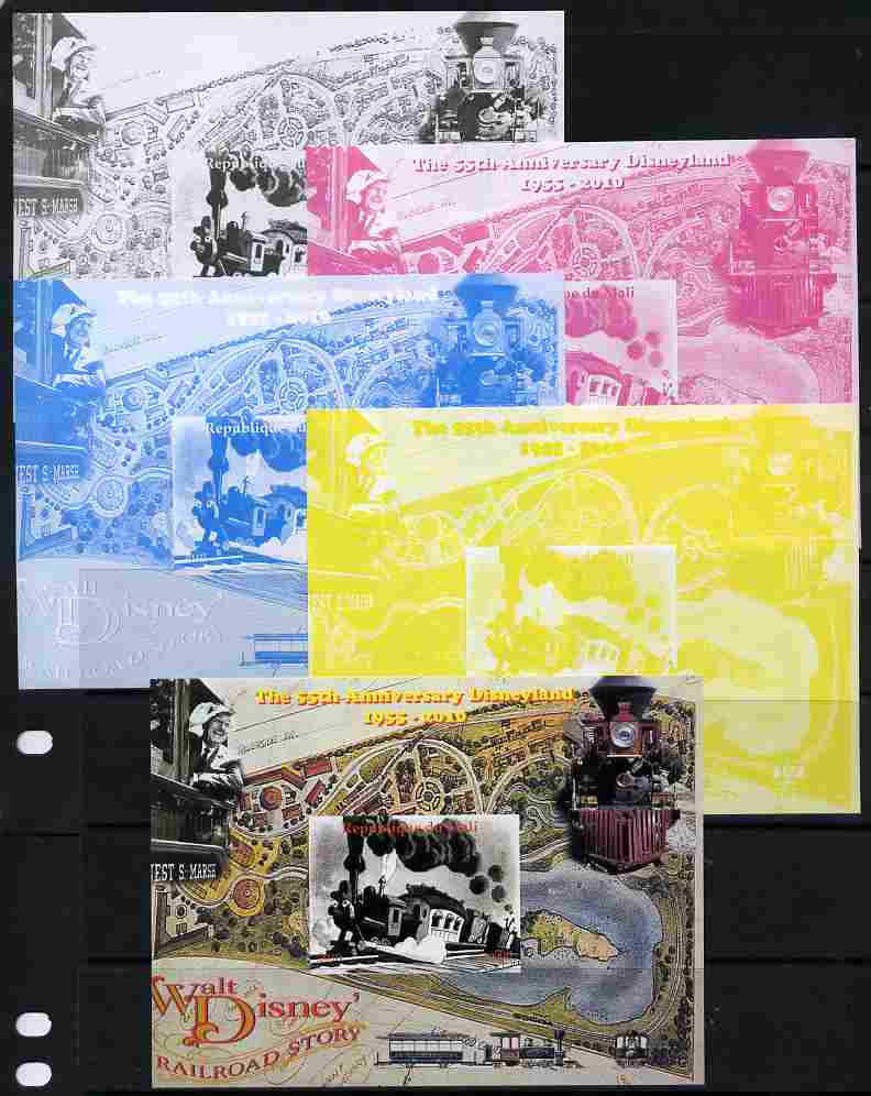 Mali 2010 The 55th Anniversary of Disneyland - Walt Disney's Railroad Story #02 s/sheet - the set of 5 imperf progressive proofs comprising the 4 individual colours plus all 4-colour composite, unmounted mint, stamps on disney, stamps on cartoons, stamps on films, stamps on cinema, stamps on movies, stamps on railways