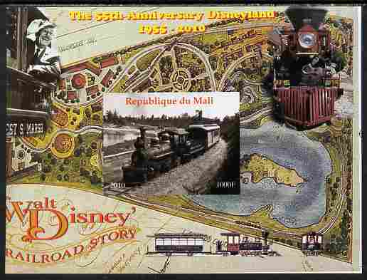 Mali 2010 The 55th Anniversary of Disneyland - Walt Disney's Railroad Story #04 imperf s/sheet unmounted mint. Note this item is privately produced and is offered purely on its thematic appeal , stamps on disney, stamps on cartoons, stamps on films, stamps on cinema, stamps on movies, stamps on railways
