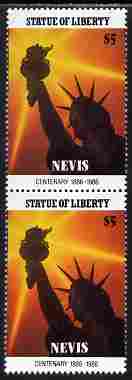 Nevis 1986 Statue of Liberty Centenary $5 similar to m/sheet but from the unique multi-country sheet intended for a special first day cover but never issued, unmounted mint in a vertical pair to authenticate its source, stamps on monuments, stamps on statues, stamps on americana, stamps on civil engineering, stamps on statue of liberty, stamps on 
