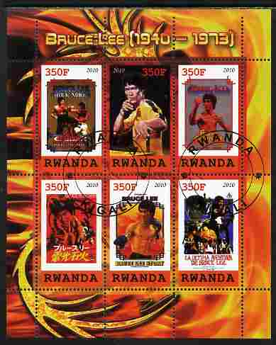 Rwanda 2010 Bruce Lee perf sheetlet containing 6 values fine cto used, stamps on personalities, stamps on films, stamps on cinema, stamps on movies, stamps on martial arts