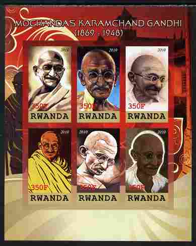 Rwanda 2010 Mahatma Gandhi imperf sheetlet containing 6 values unmounted mint, stamps on personalities, stamps on gandhi, stamps on constitutions